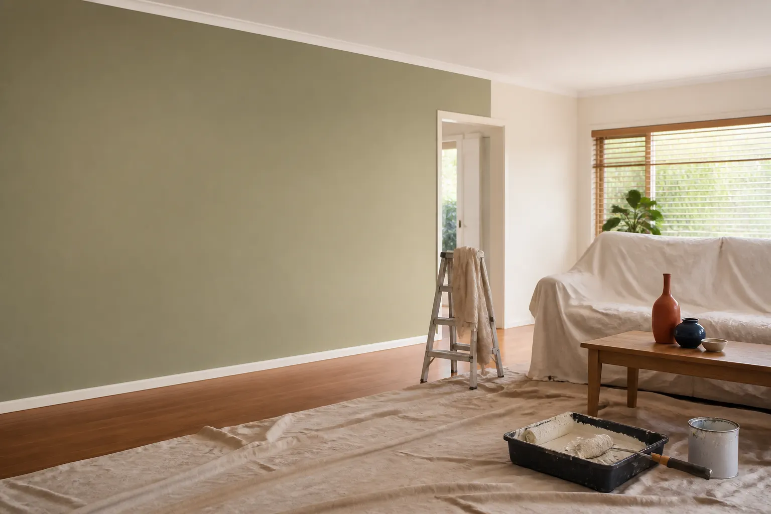 Living room prepared for interior painting